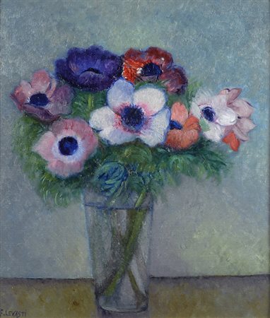 Fillide Levasti (Firenze, 1883 - 1966) Fiori nel bicchiere Olio su cartone,...