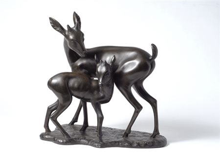 Renato Bertelli (Firenze, 1900 - 1974) Cerbiatti Terracotta bronzata, cm. h...