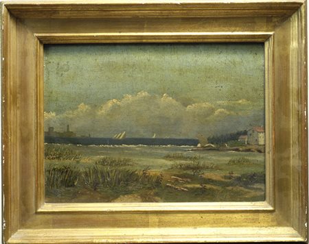 Marina, XIX sec. Olio su tela, cm. 22x29,5 cornice in legno dorato. € 0/0