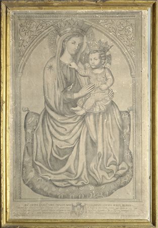 Madonna con Bambino antica stampa montata su tela cm. 69,5x56, cornice in...