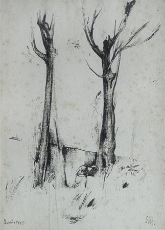 Pietro Annigoni (Milano, 1910 - Firenze, 1988) Alberi e figure, 1933 China su...