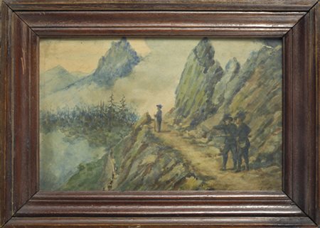 Anonimo del XIX sec. Alpini su passo montano Acquerello su carta, cm. 14x22...