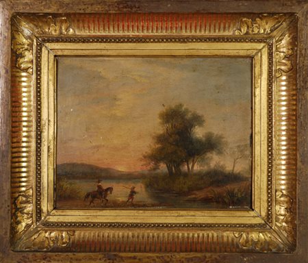 Anonimo del XIX sec. Paesaggio con figure Olio su cartone, cm. 21x27,5...