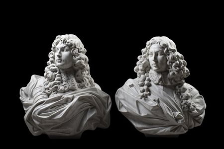 Alla maniera del barocco romano "Busti di nobiluomini" due sculture in marmo st