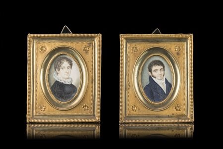 Maestro del secolo XIX "Gentiluomo e gentildonna" coppia di miniature ovali (cm