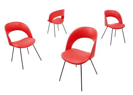RINALDI MARIO Quattro sedie con struttura in metallo laccato, puntali in...