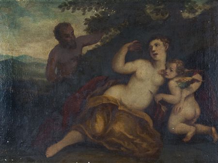 Maestro veneto fine XVI secolo "Venere e Cupido con Satiro" cm. 68x81 - olio...