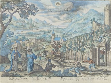Hans Bol 1534-1593 Incisione a colori raffigurante paesaggio con personaggi,...