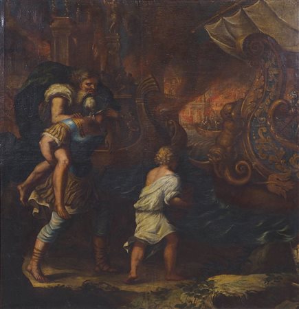 Maestro del XVII secolo "Enea salva il padre da Troia che brucia" cm. 153x145...