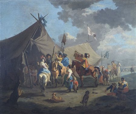 Ambito di Pieter Wouwerman 1623-1682 "Scena di accampamento" cm. 64x76 - olio...