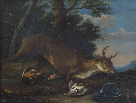 Maestro nordico del XVIII secolo "Scena di cacciagione" cm. 28x37 - olio su...