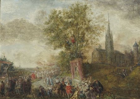 Maestro nordico fine XVIII secolo "Scena con processione" cm. 32x42 - olio su...