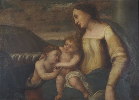 Maestro veneto del XVIII secolo "Madonna con bambino e S. Giovannino" cm....