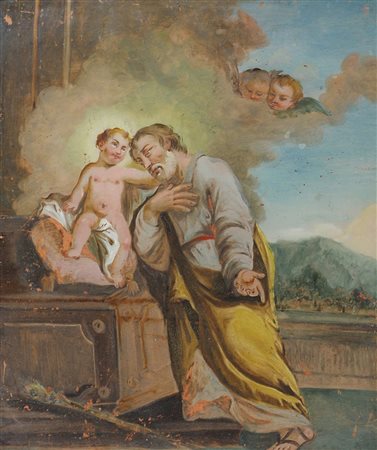 Maestro del XVIII secolo "San Giuseppe con il Bambino" cm. 33x28 - olio su vetro