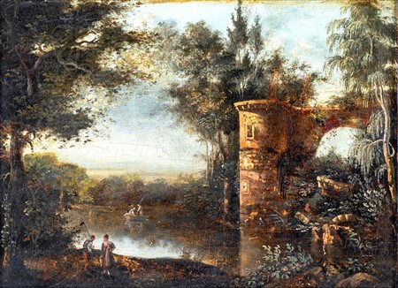 Pittore del  XIX secolo
 

River landscape with ruins