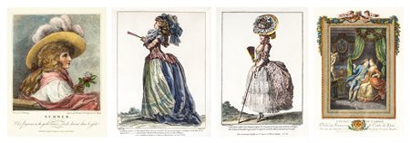 
 

Four colored prints depicting gentlewomen and gallant scene