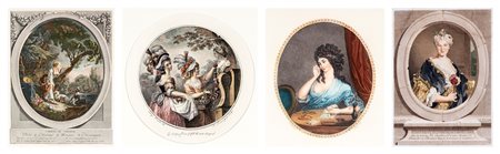 
 

Four colored prints depicting gentlewomen