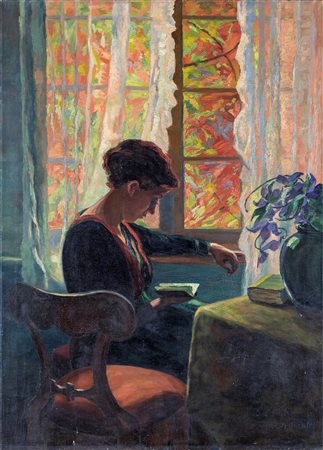 Pittore degli inizi del XX secolo


Interior with female figure reading