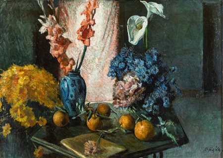 Paulo Ghiglia
(Firenze 1905-Roma 1979)

Composition with fruit and flower vases