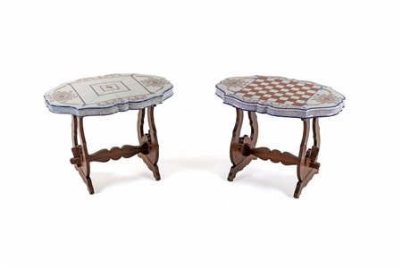 
 

Two low tables in walnut with majolica top