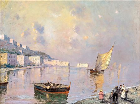 Nicolas De Corsi
(Odessa 1882-Torre Del Greco 1956)

View of a gulf with figures and a boat