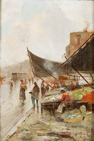 RICCIARDI OSCAR Napoli 1864 - 1935 "Scena di mercato" 26,5x18,3 olio su...
