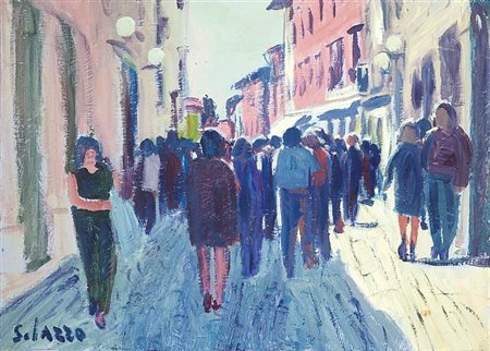 SOLAZZO MARIO Novoli 1944 "Mercato" 50x70 olio su tela Opera firmata in basso...