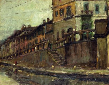 GONZAGA GIOVANFRANCESCO Milano 1921 "Naviglio alla ripa" 40x50 olio su...