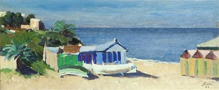 LISA MARIO Torino 1908 - 1992 "In riva al mare" 1962 9,5x22 olio su tavoletta...