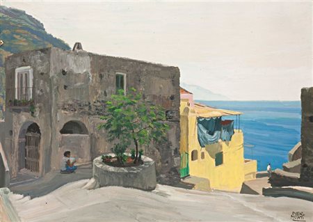 MONTI PIERO Torino 1910 - 1994 "Case in riva al mare" 50x68 olio su...