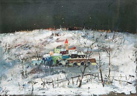 GARINO PIERO Leinì (TO) 1922 - 2009 Torino "Borgo innevato" 50x70 olio su...