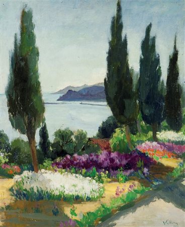 VELLAN FELICE Torino 1889 - 1976 "Giardino fiorito a Varigotti" 1930 60x50...