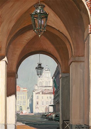 MONTI PIERO Torino 1910 - 1994 "Torino dai portici" 1973 70x50 olio su tavola...