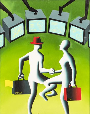 Mark Kostabi RITUAL GREETING olio su tela, cm 76x60 firmato e datato sul...