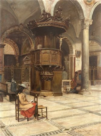 Arturo Ferrari "Interno del Duomo di Monza" 1899
olio su tela (cm 57,5x43)
Firma
