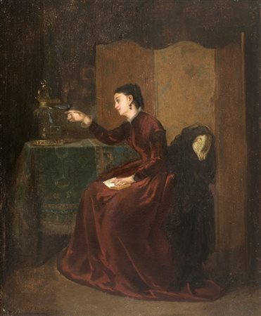 Alfred François Guès "L'allegra pausa" 
olio su tavola (cm 26x21)
Firmato in bas