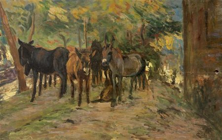 Luigi Gioli "Mercato dei cavalli" 
olio su tavola (cm 23x35)
Firmato in basso a
