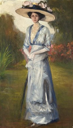 Giuseppe Amisani (Attribuito)"Dama in giardino" olio su tela (cm 68x40,5)Al