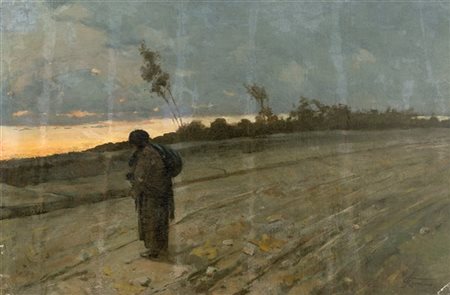 Federico Rossano "Sulla strada del ritorno al tramonto" 
olio su tela (cm 51x78)