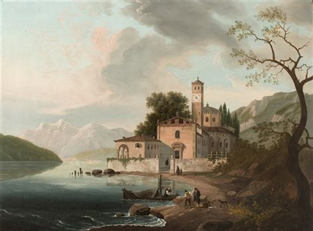 Giovanni Battista Dell' Acqua "Veduta di una chiesa sulle rive di un lago" 
olio