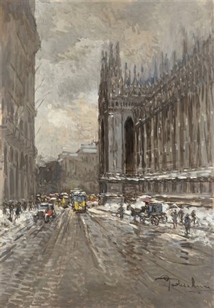 Lucio Todeschini "Milano, Corsia dei Servi con la neve" 
olio su tela (cm 100x50