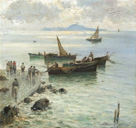 Attilio Pratella "Marina con pescatori" 
olio su tavola (cm 24x26)
Firmato in ba