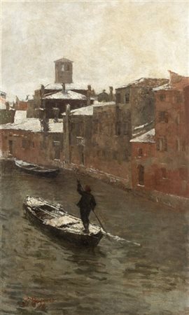 Leonardo Bazzaro "Canale a Chioggia d'inverno" 
olio su tela (cm 120x70)
Firmato