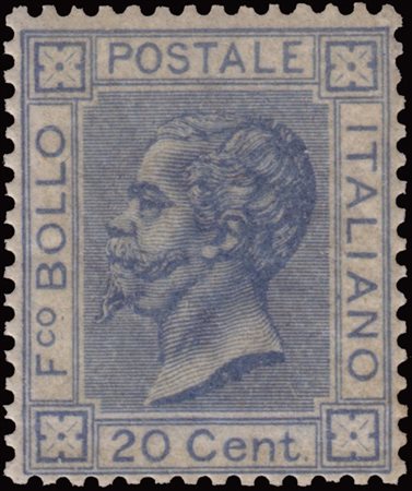 REGNO D'ITALIA 1867
20c. azzurro lillaceo chiaro, tiratura di Londra

Cert. S.