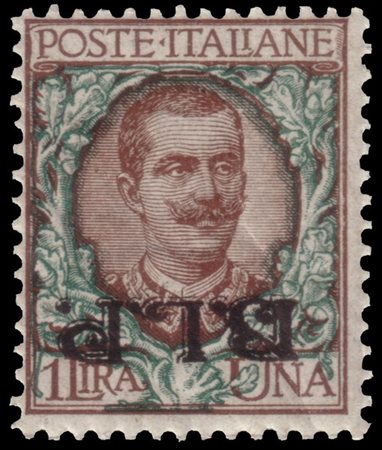 REGNO D'ITALIA 1922/1923
B.L.P. 1 lira bruno e verde. Varietà soprastampa litog