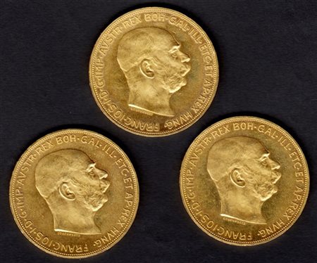 AUSTRIA 
Lotto formato da 3 "100 corone" del 1915 in oro.