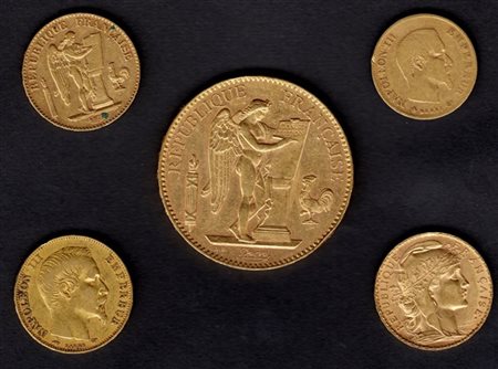 FRANCIA 
Lotto formato da 5 monete differenti in oro.