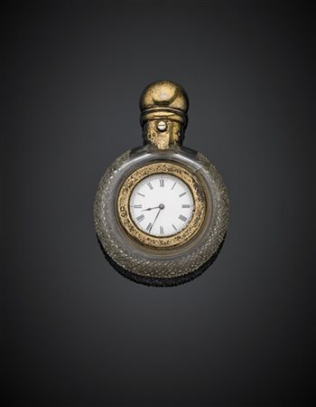 LEUCHARS & SON
Porta profumo con orologio in argento dorato e vetro molato, qua