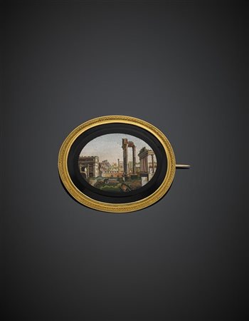 Broche in oro giallo con micromosaico su onice raffigurante il "Foro Romano" g