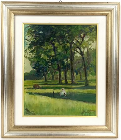 Firma indecifrata ''paesaggio boschivo con figura'' olio su tela (cm 30x24) fir